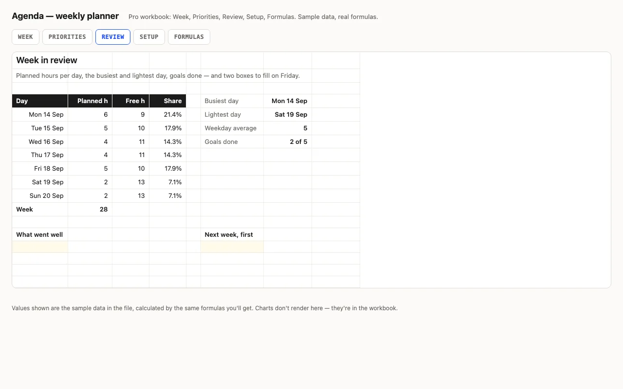 Week in review with planned hours per day, busiest and lightest day, goals done