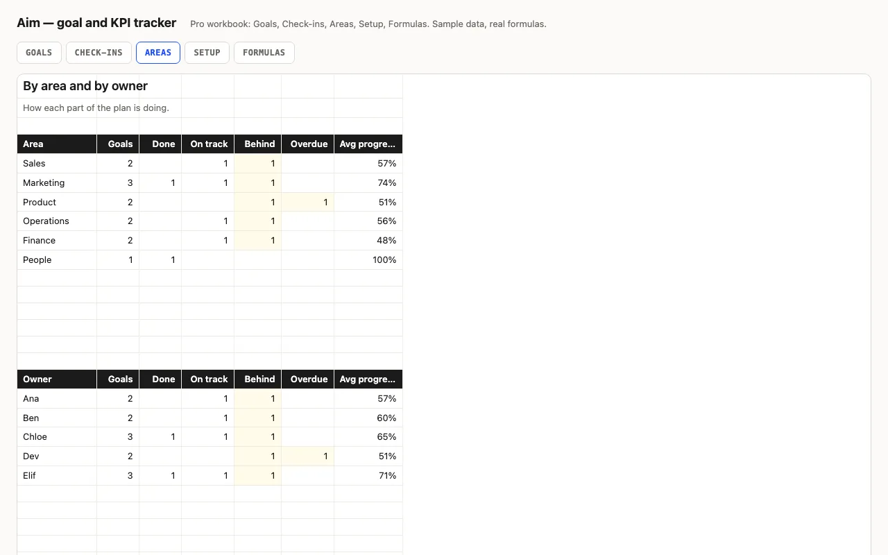 Per area and per owner: goals, done, on track, behind, overdue, average progress bars
