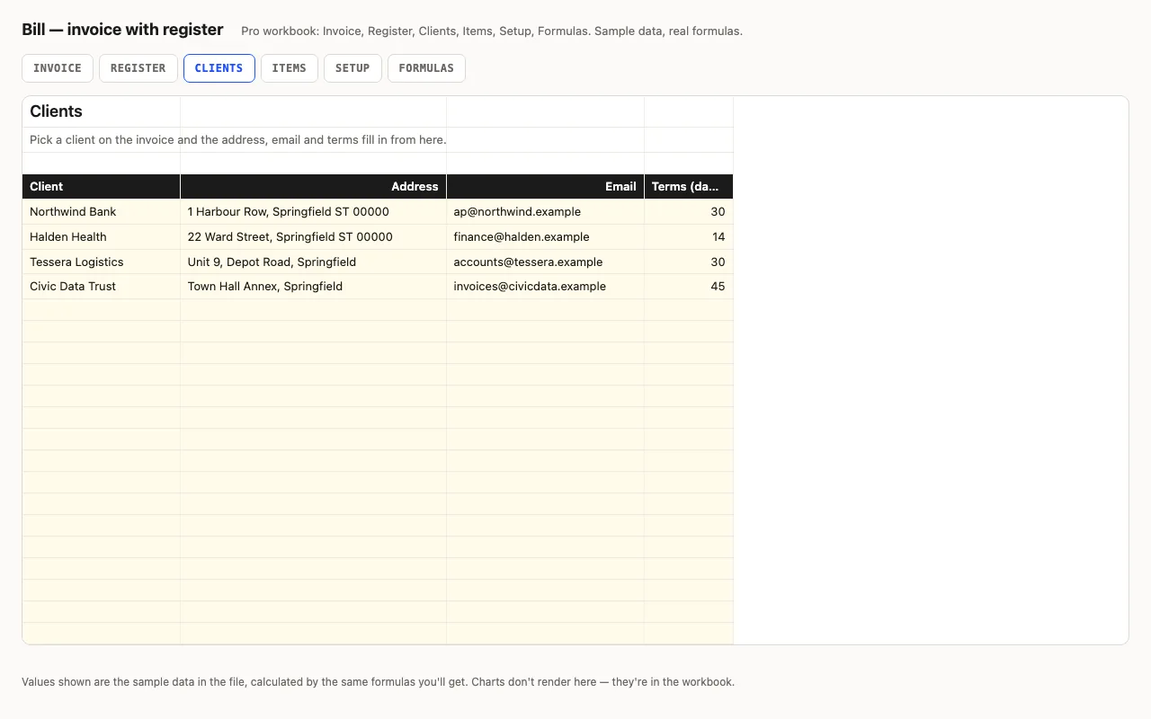 Client list feeding the invoice dropdown