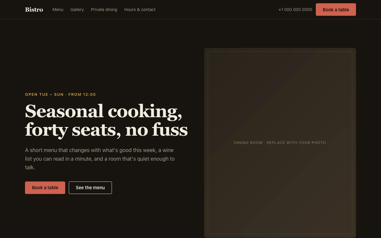 Bistro home page in dark mode