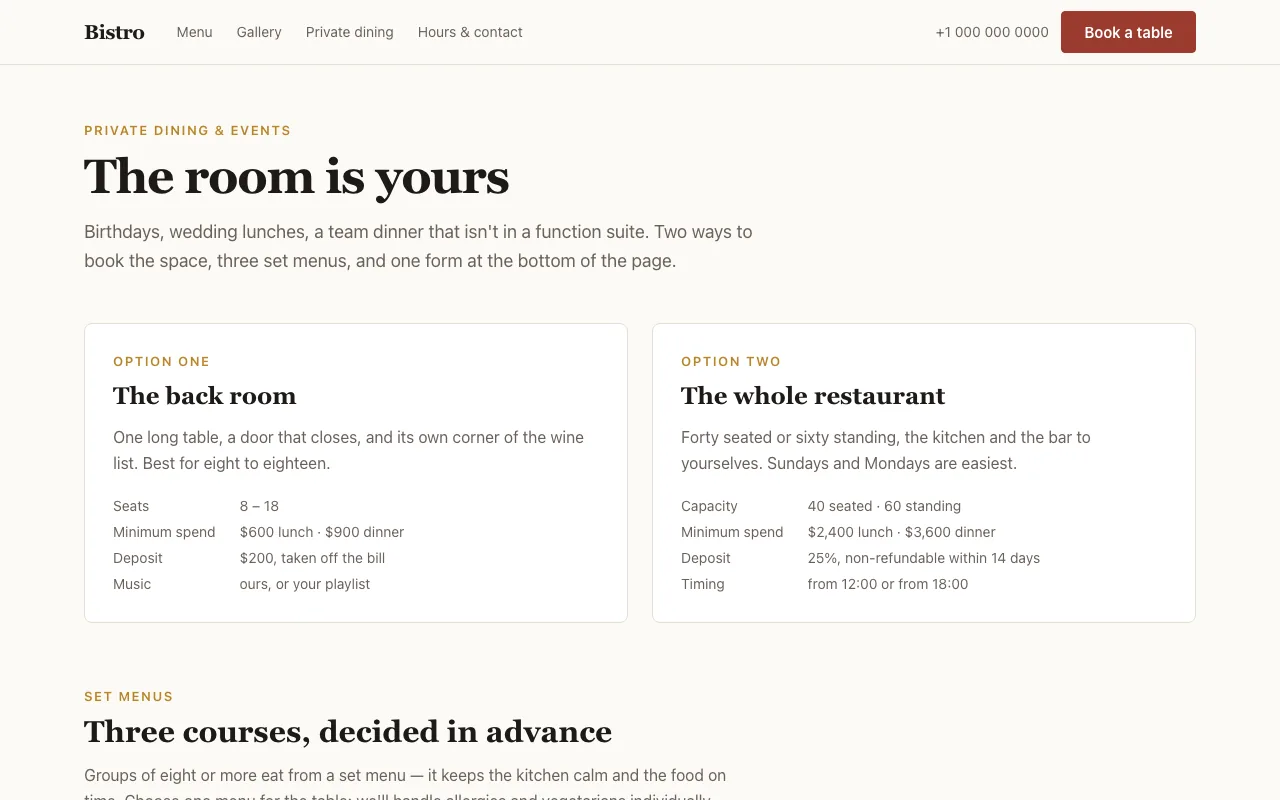 Private dining page with two spaces, set menus and an enquiry form — Pro only
