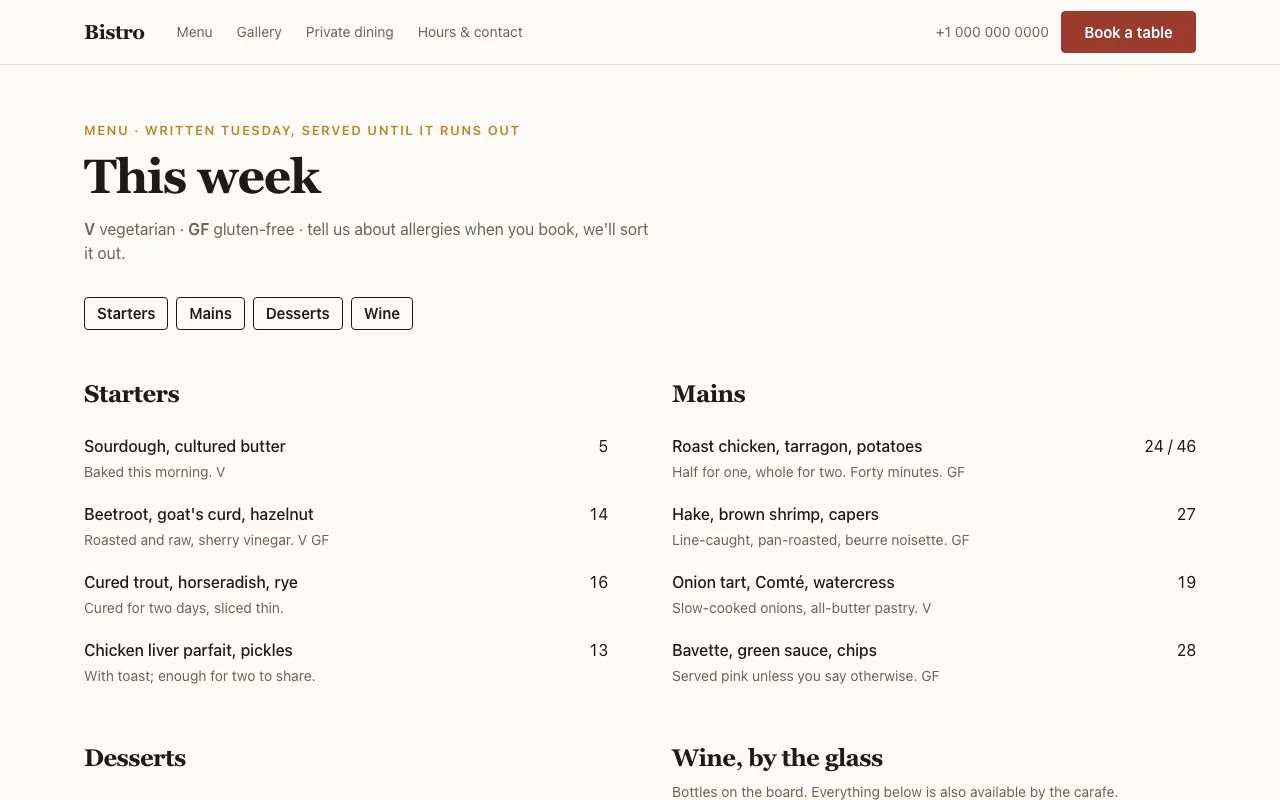 Menu page with sections, prices and dietary marks