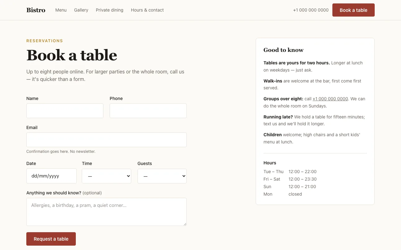 Table booking form with house rules