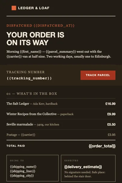 The same email in a dark inbox, warm brown rather than grey