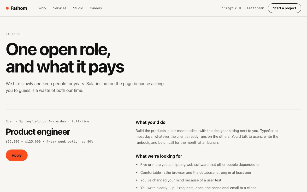 Careers page with salary on the page and the hiring process — Pro only
