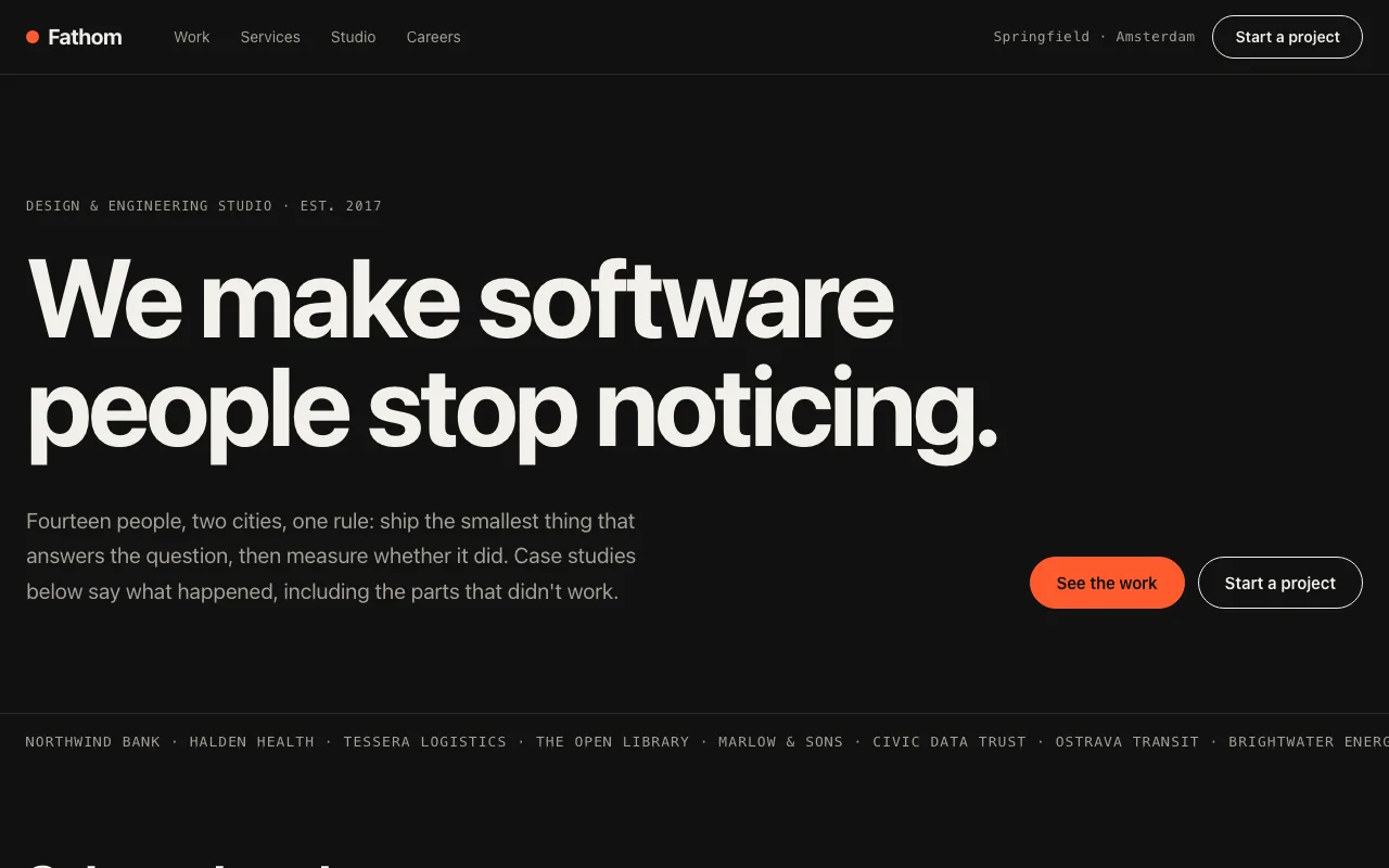 Fathom home page in dark mode