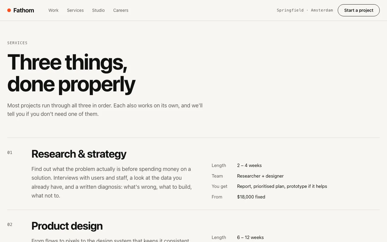 Services page with length, team, deliverables and price per service