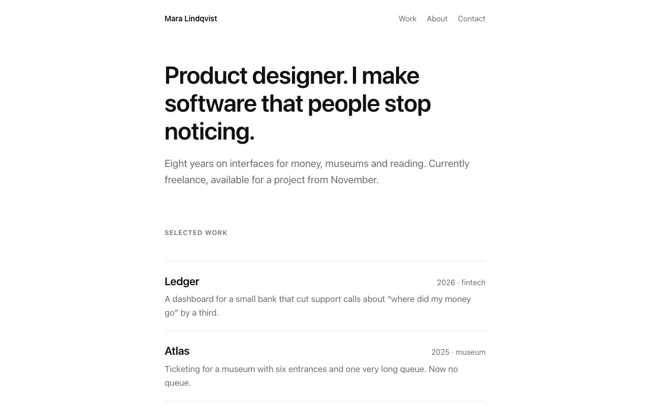Grove — single-column portfolio template preview