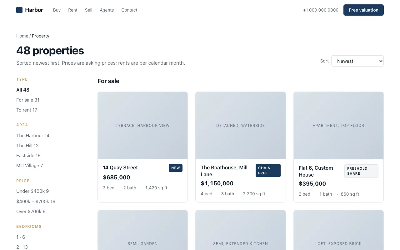 Listings grid with a sidebar of filters as links