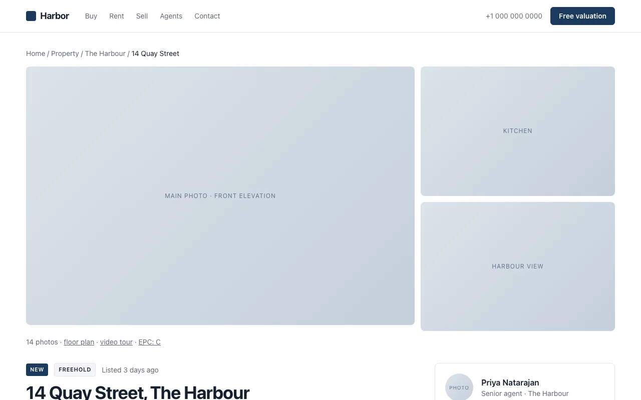 Property page with gallery, facts and sticky agent card