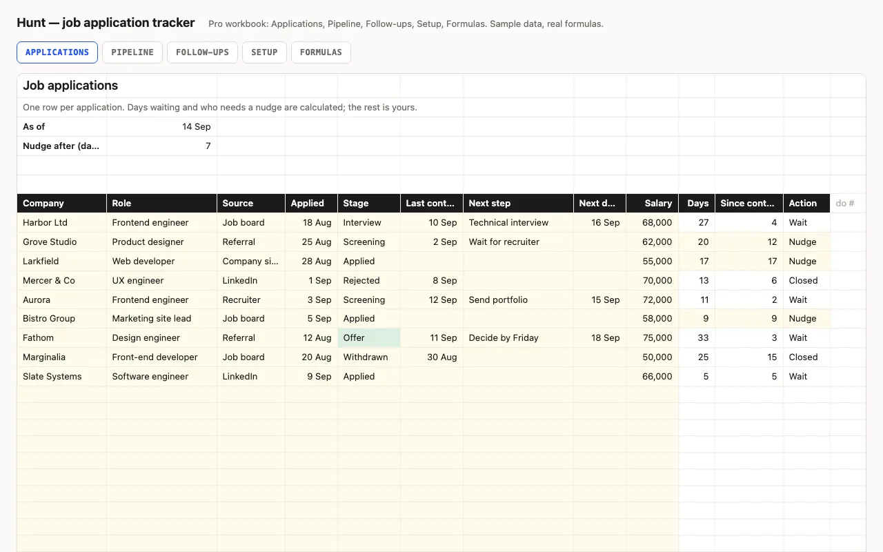 Hunt — job application tracker spreadsheet preview