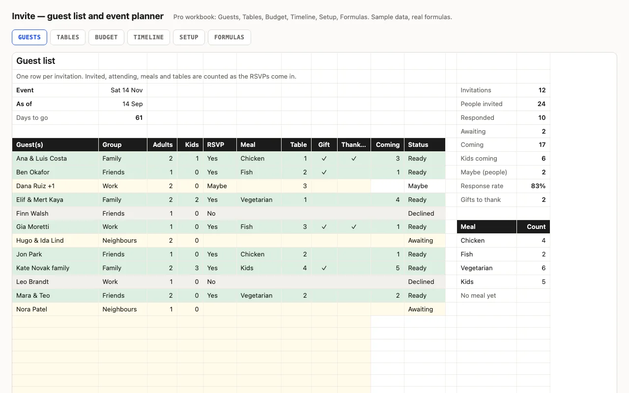 Invite — guest list and event planner spreadsheet preview