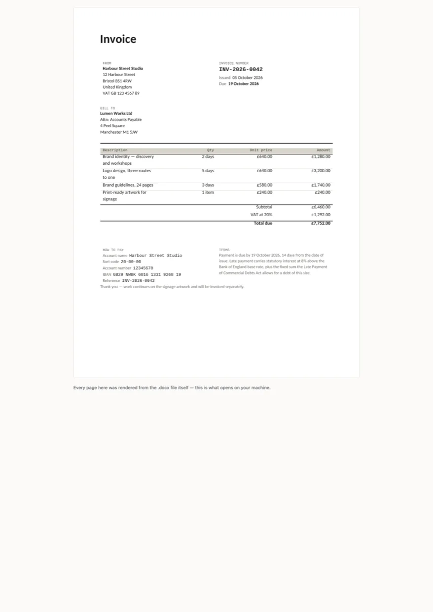 Invoice page with line items, VAT, total due and payment details