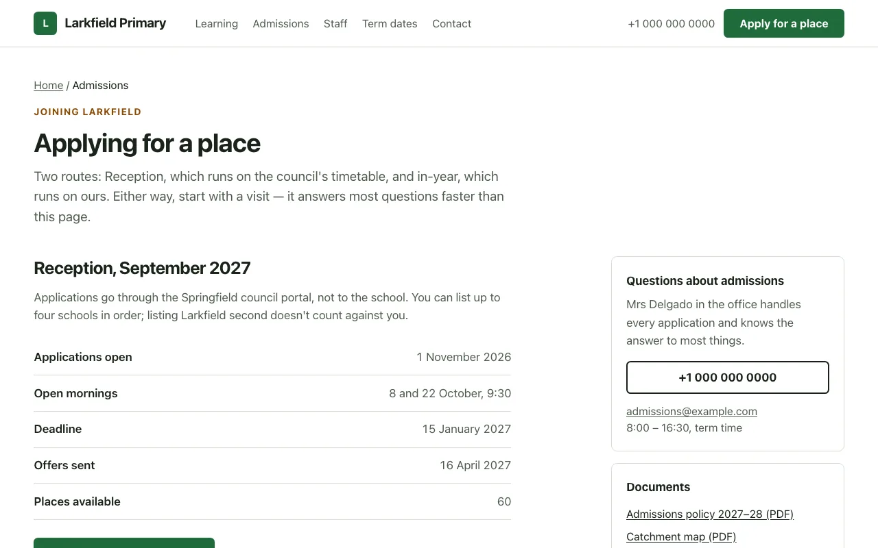Admissions page with dates, criteria and tour form
