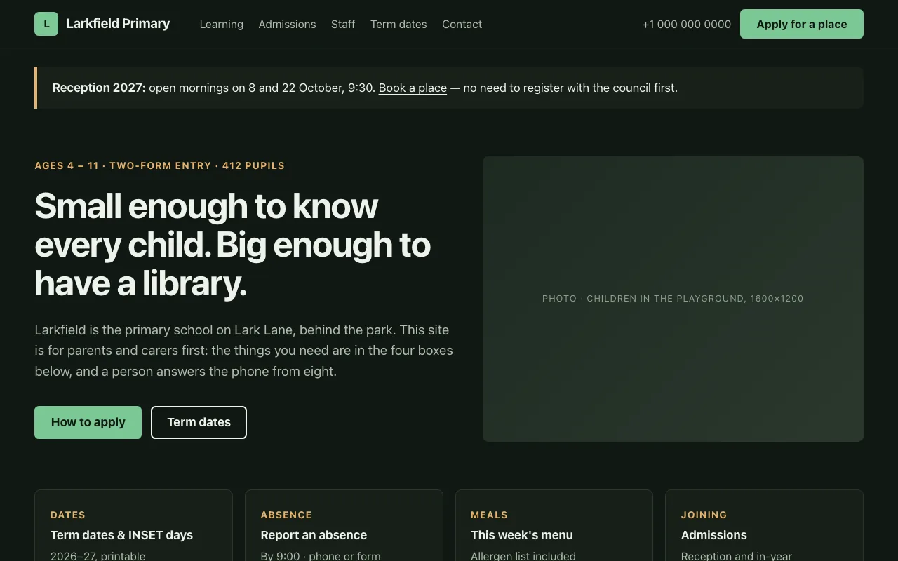 Larkfield home page in dark mode