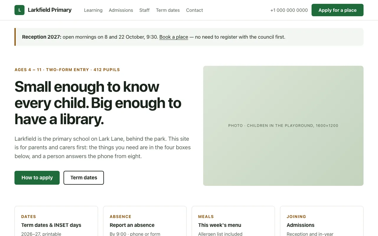 Larkfield home page with notice bar, hero and quick-link tiles