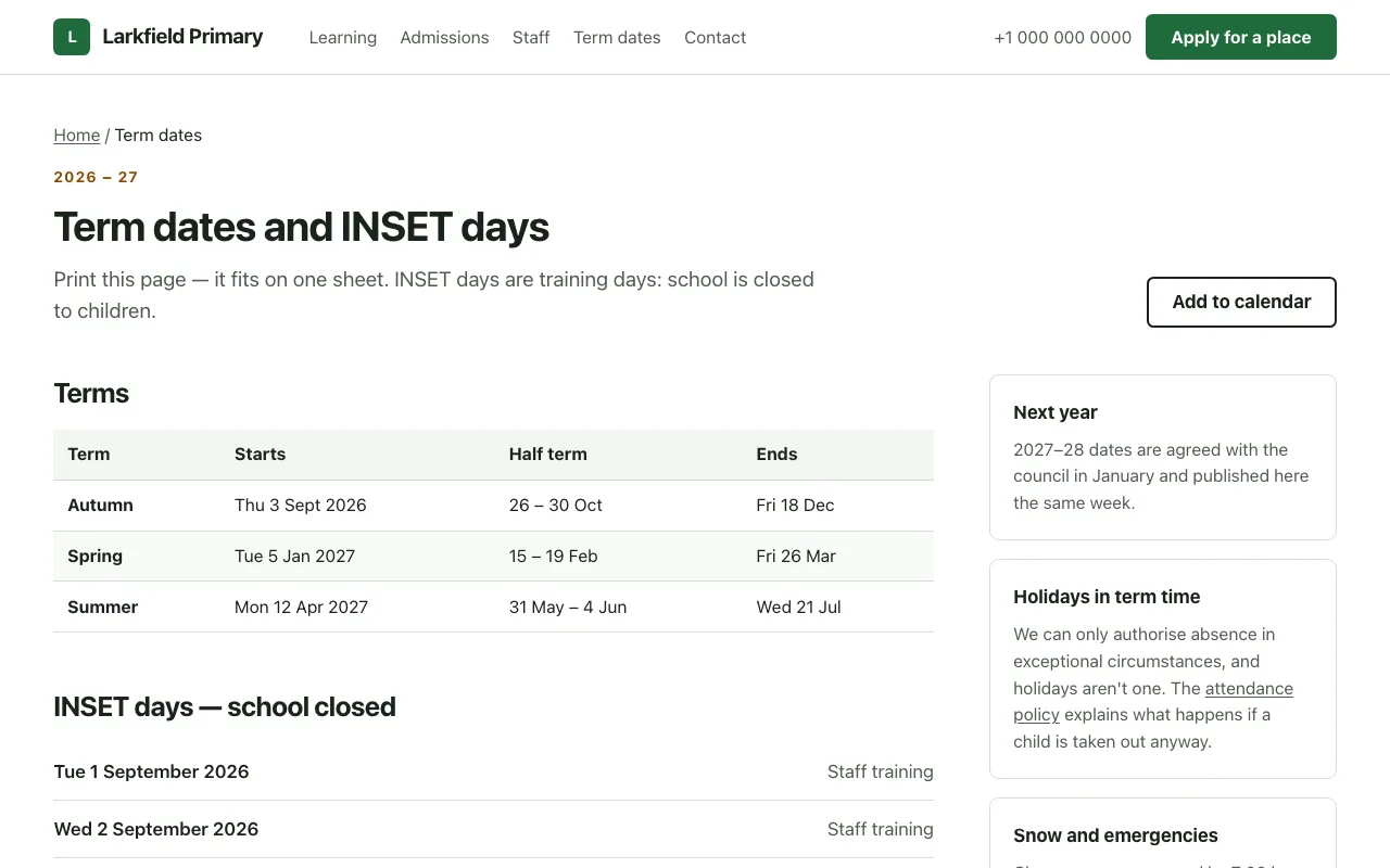 Term dates page with tables and INSET days — Pro only
