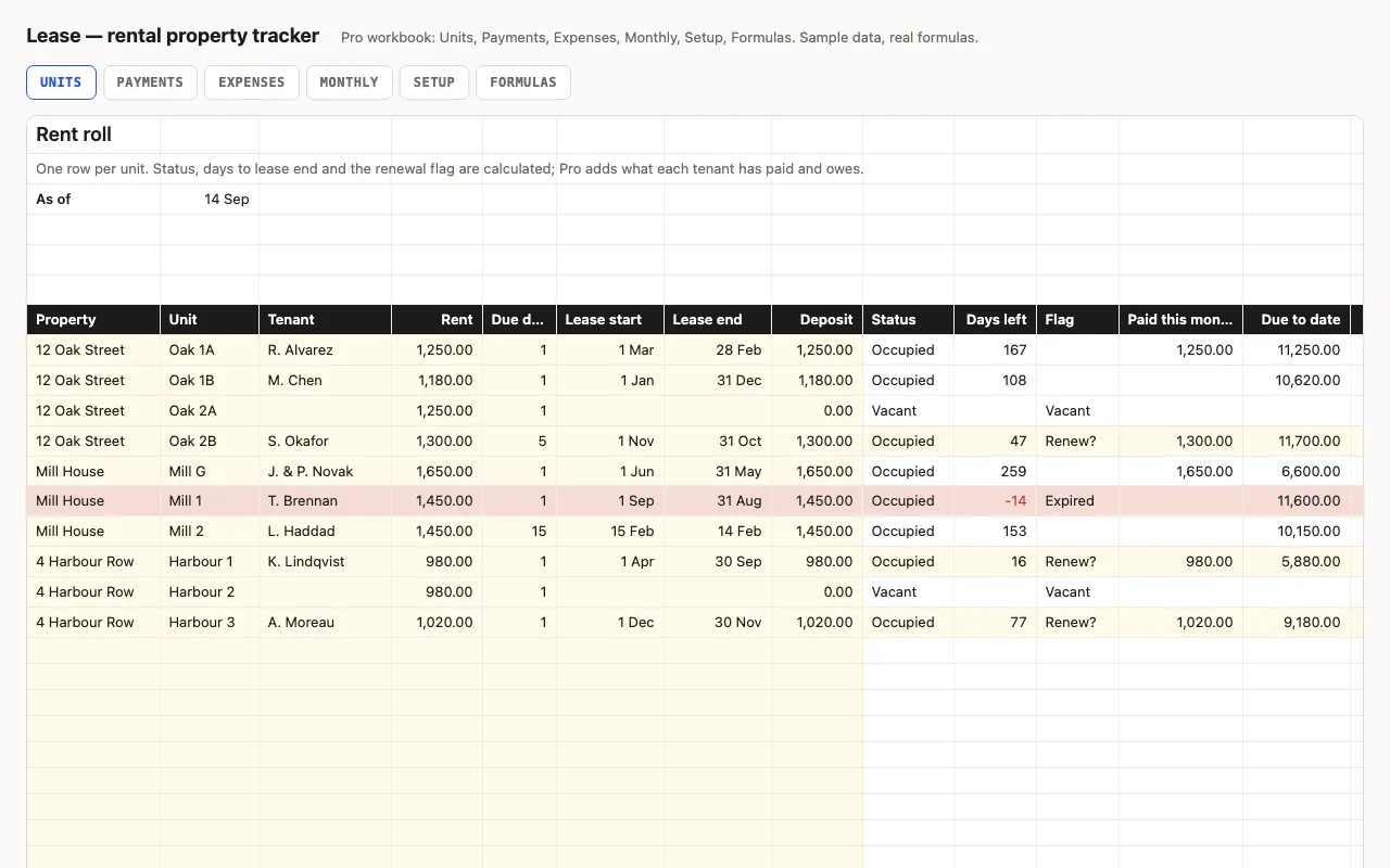 Lease — rental property tracker spreadsheet preview