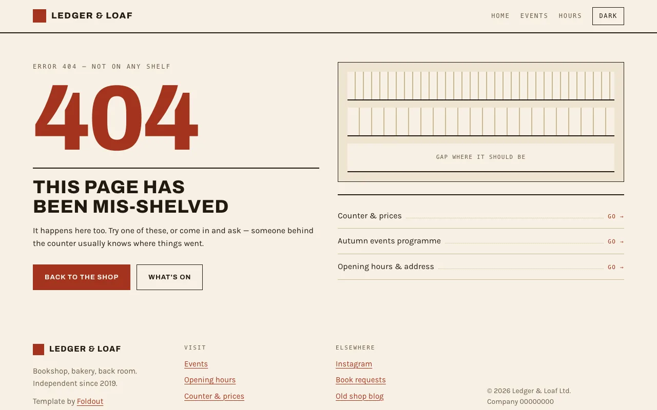 404 page with a large oxblood numeral and an empty shelf drawn in CSS