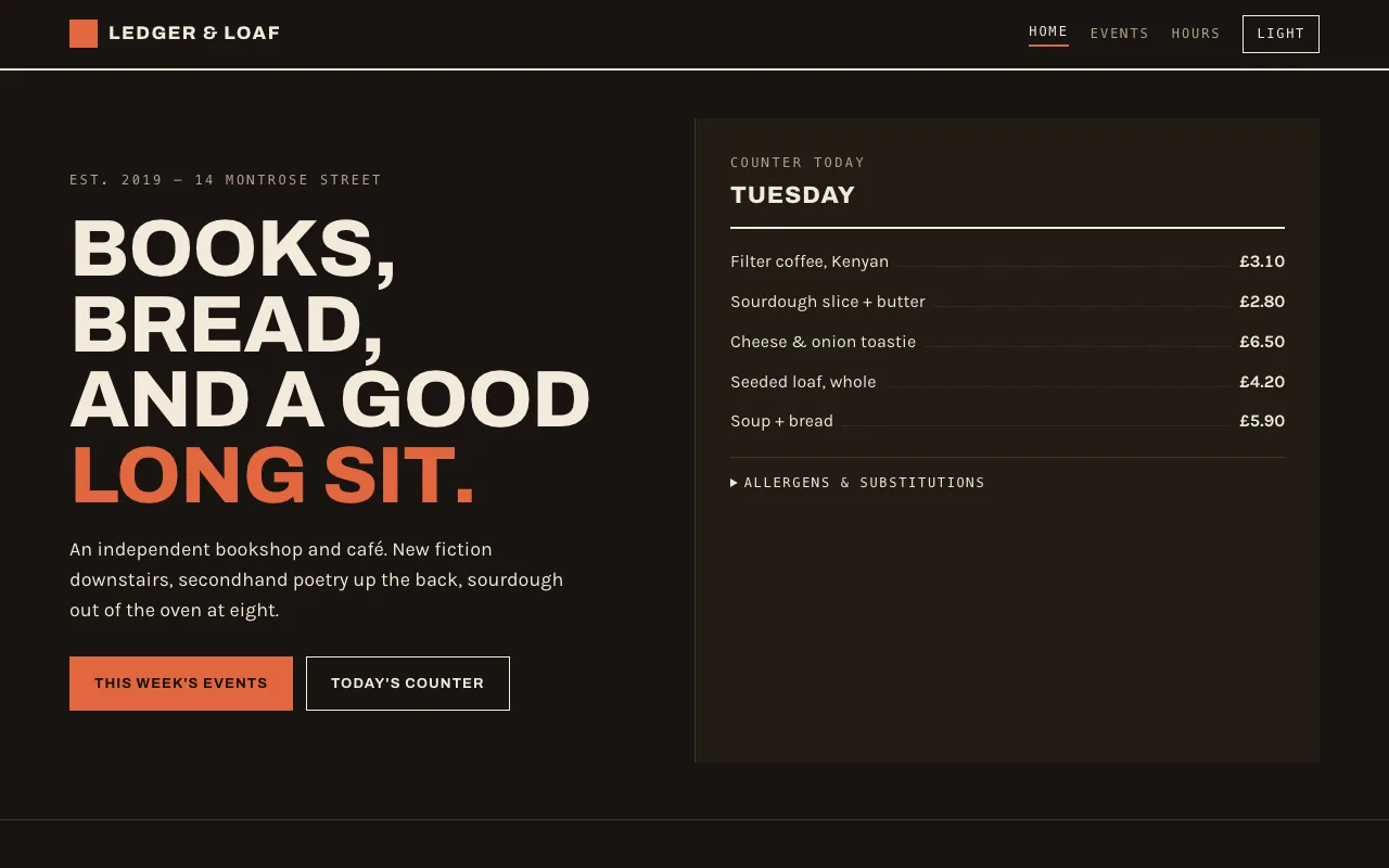 The same home page in the dark palette, warm brown rather than grey
