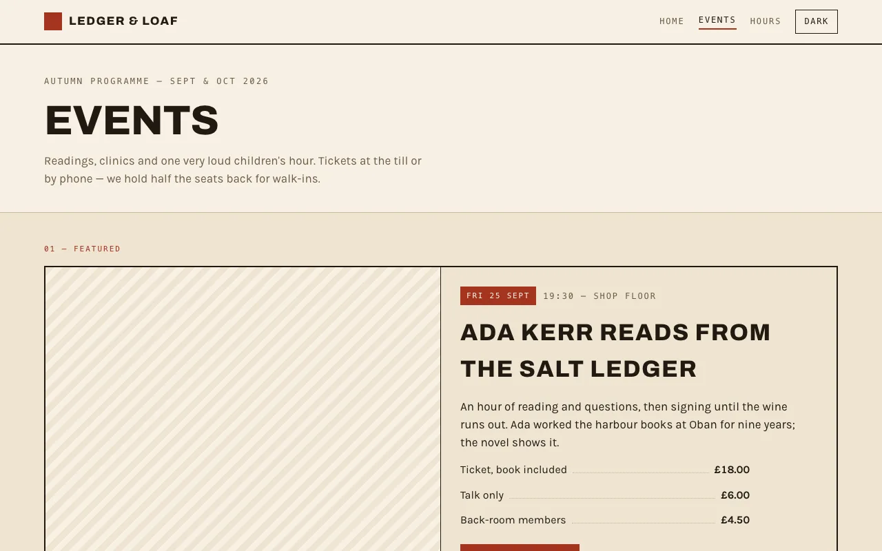 Events page with a featured reading and six dated rows with prices and seats left