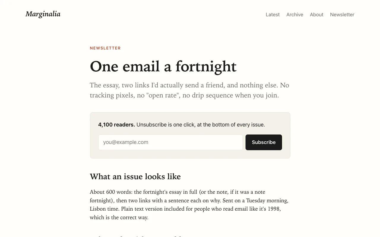 Newsletter page with signup and past issues — Pro only