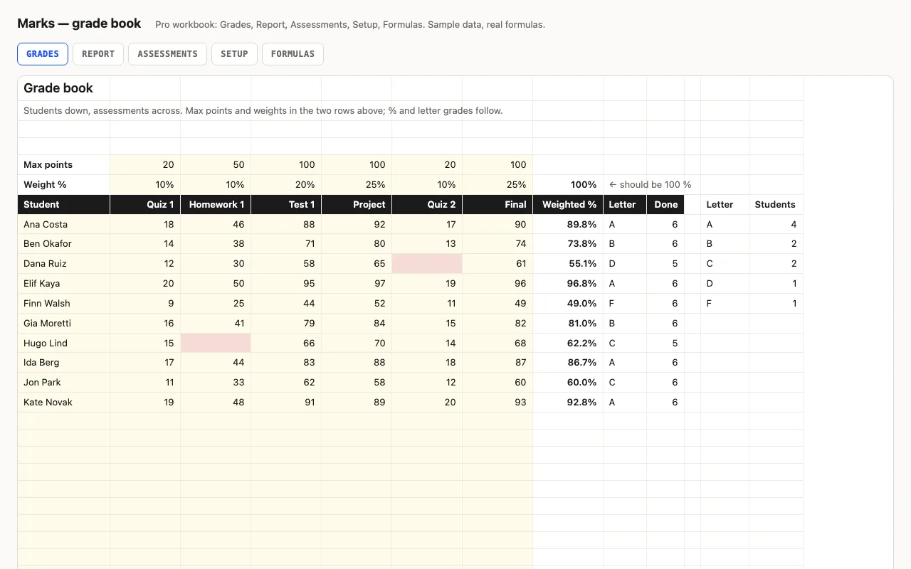 Marks — grade book spreadsheet preview
