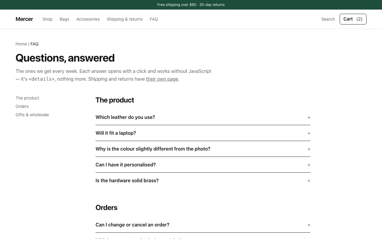 FAQ page on native details elements, grouped in three sections — Pro only