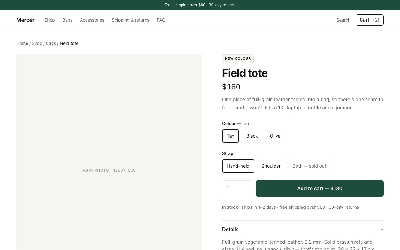 Product page with variant chips and add to cart
