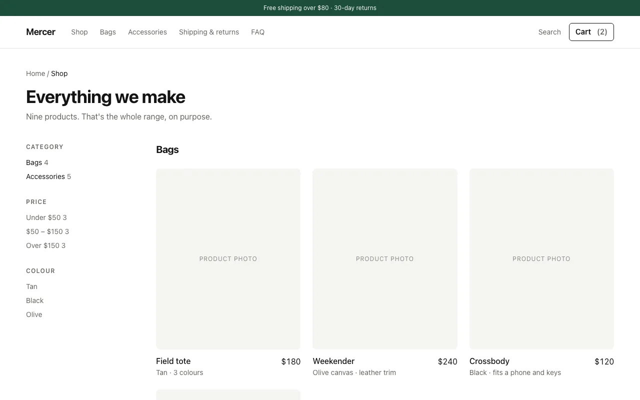 Shop page with sidebar filters and product grid