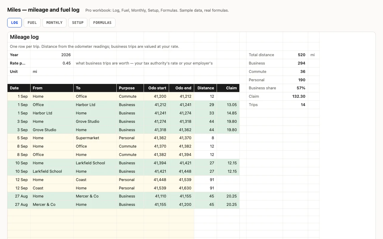 Miles — mileage and fuel log spreadsheet preview