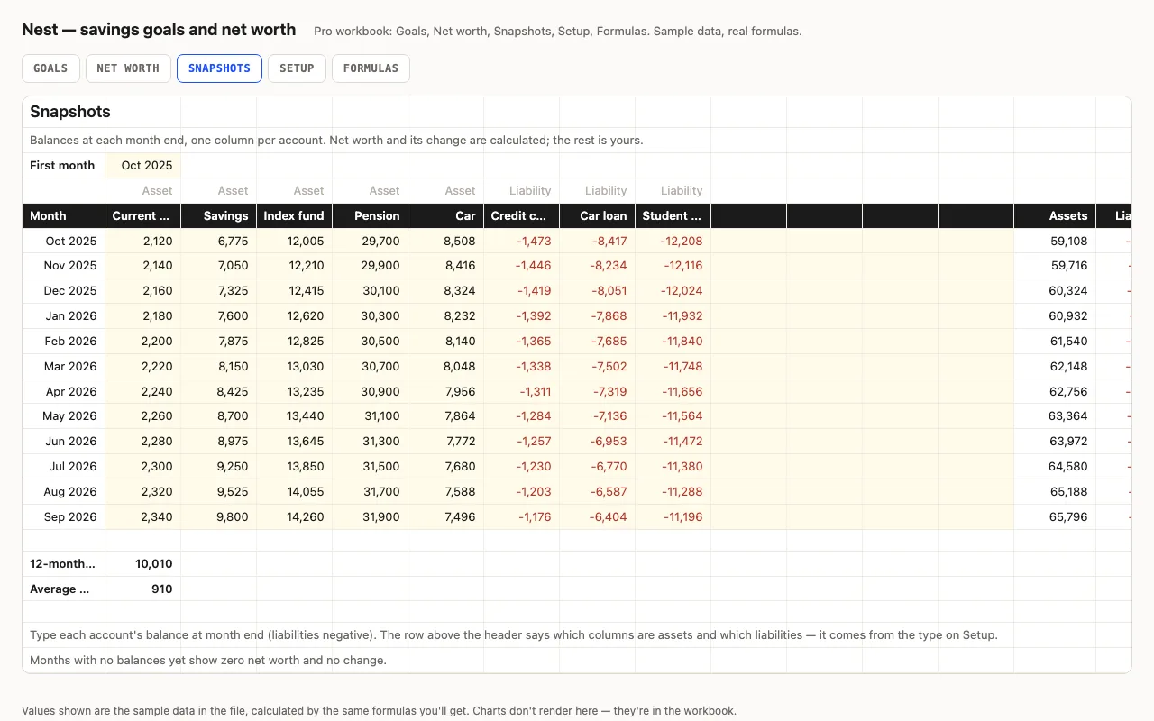 Twelve months of account balances with net worth and monthly change