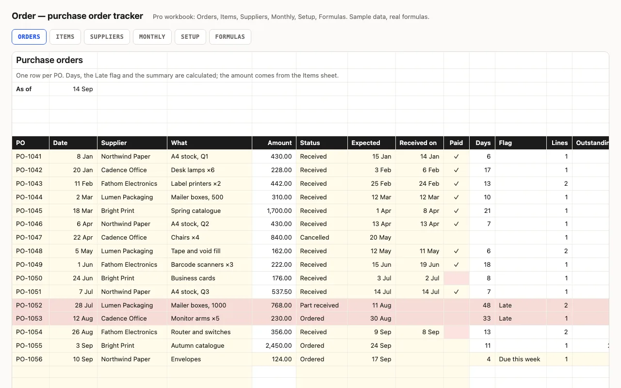 Order — purchase order tracker spreadsheet preview