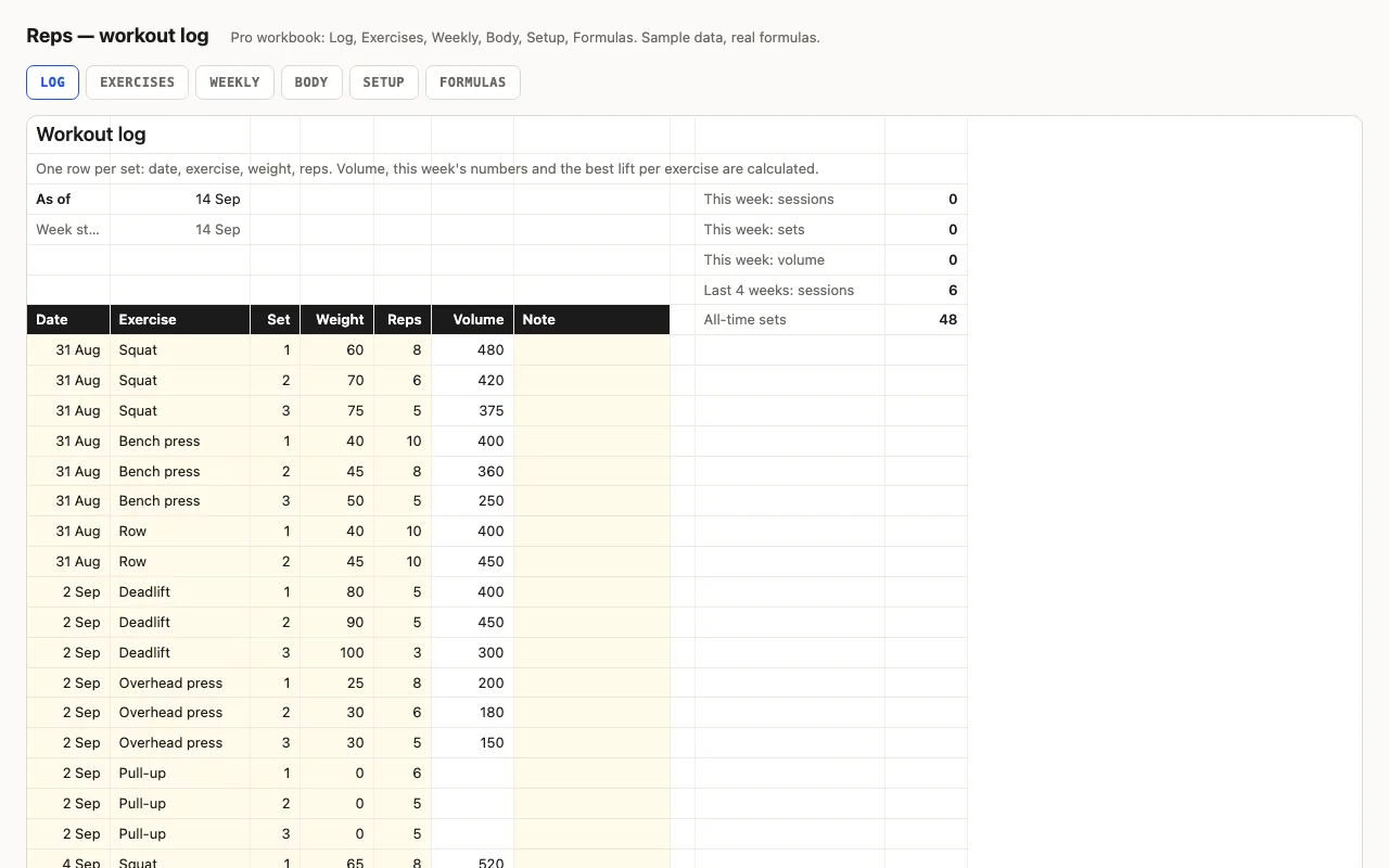 Reps — workout log spreadsheet preview