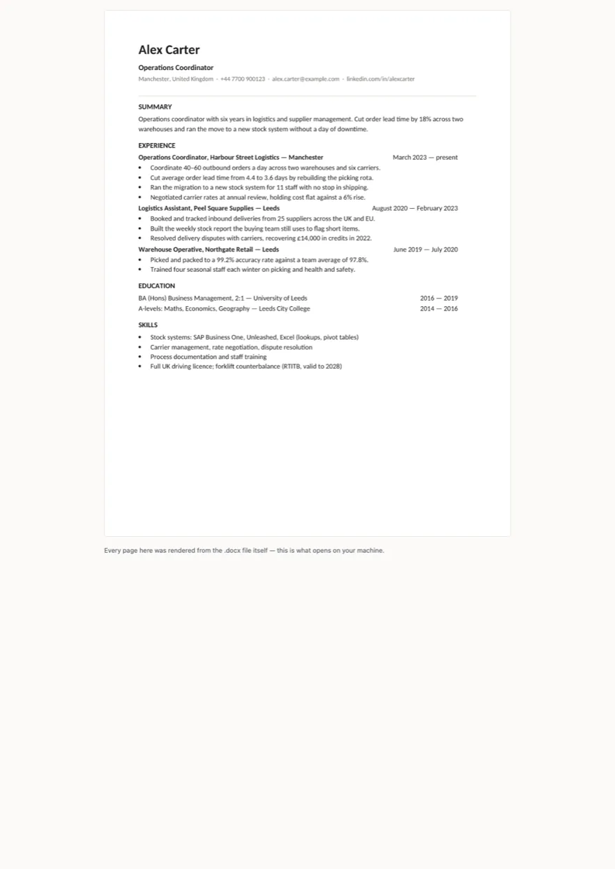 Reverse-chronological resume with dates set right by a tab stop, no tables