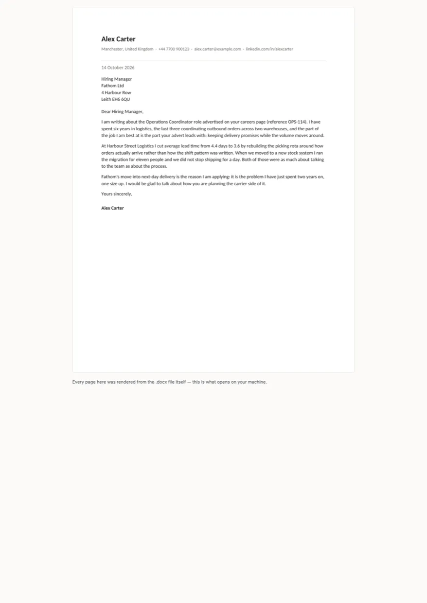 One-page cover letter referring to a specific vacancy
