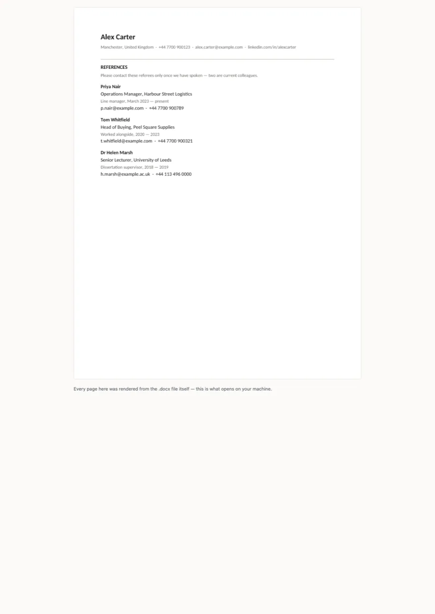 Reference list with each referee's relationship and contact details