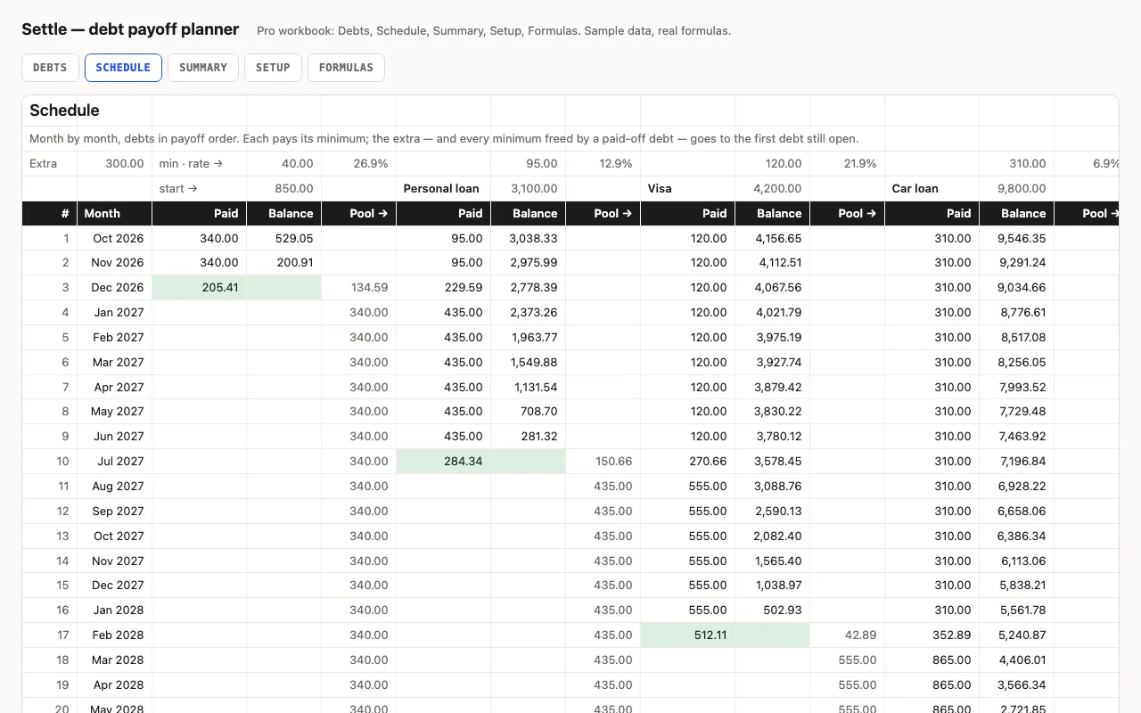Settle — debt payoff planner spreadsheet preview