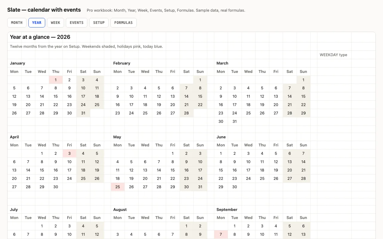 Twelve mini calendars on one sheet with weekends and holidays highlighted