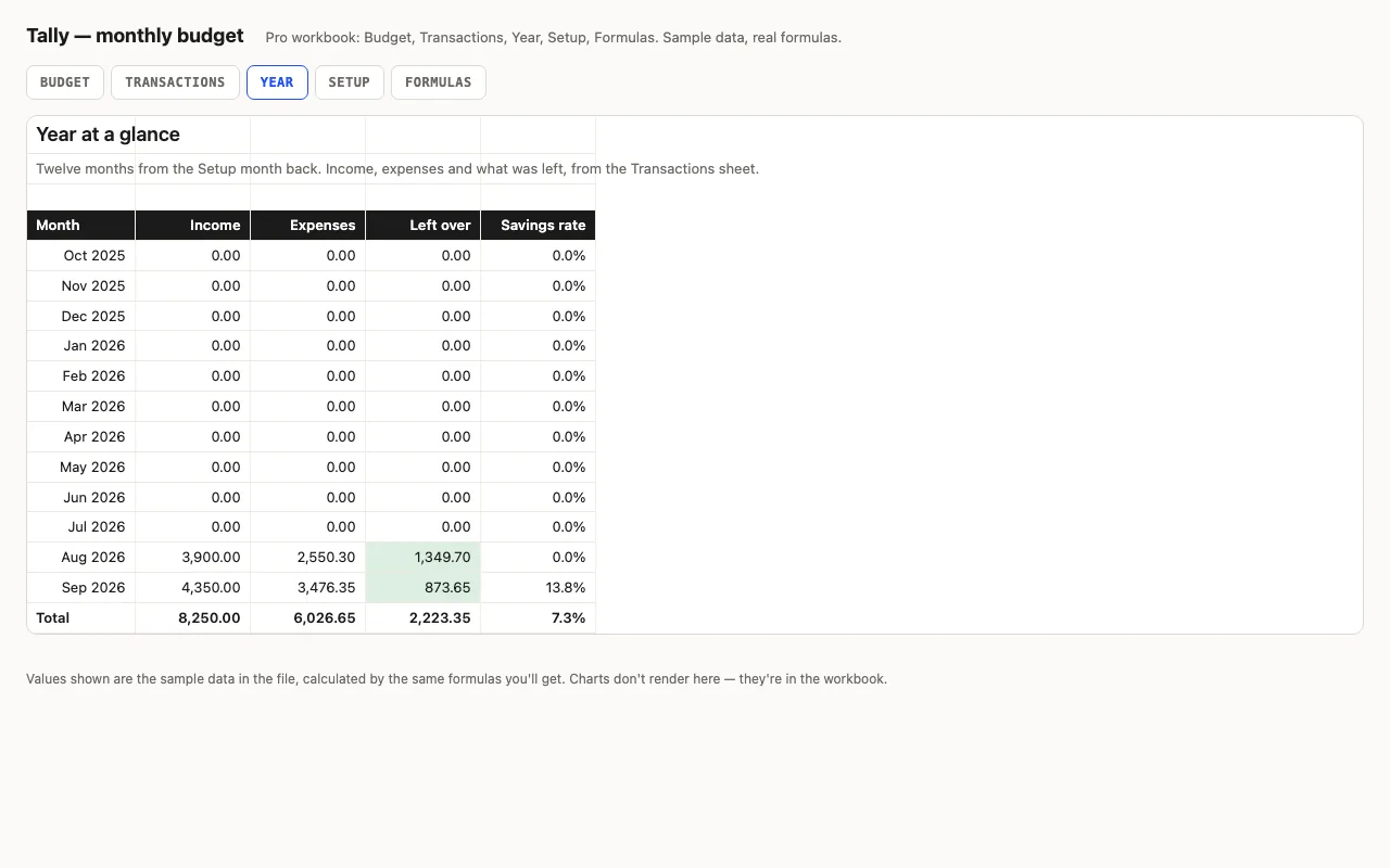 Twelve-month table of income, expenses and left-over