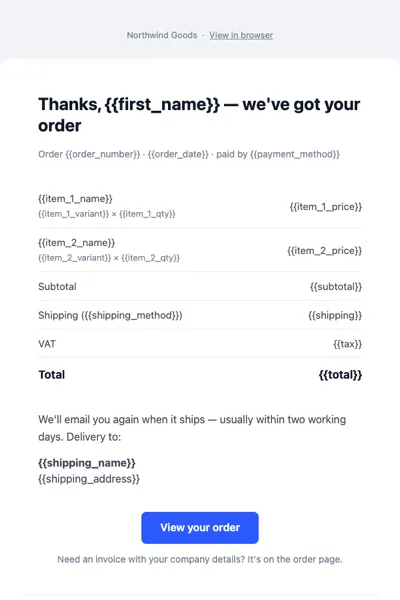 Receipt email rendered in a light inbox