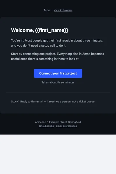 Welcome email rendered in a dark inbox