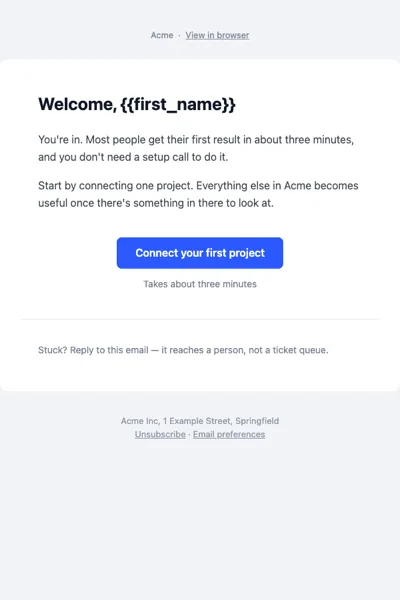 Welcome email rendered in a light inbox