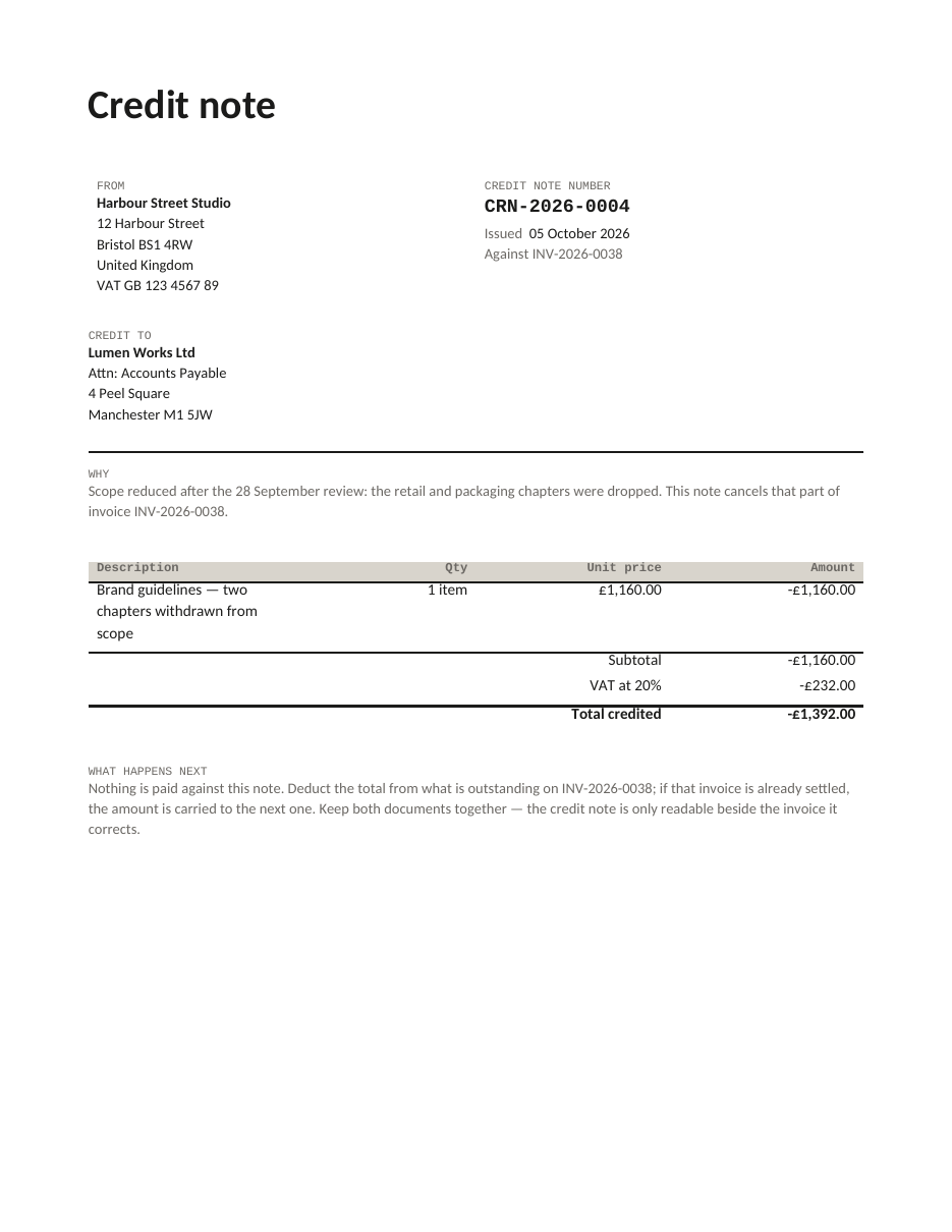 Credit note, page 1
